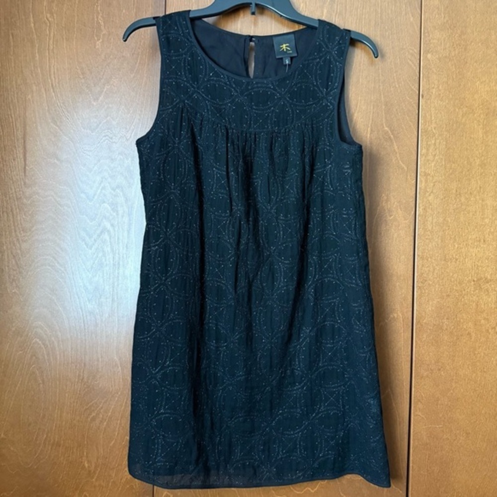 Tree 100% Semi Sheer Cotton Black on Black Design Sleeveless Dress Sz Small EUC